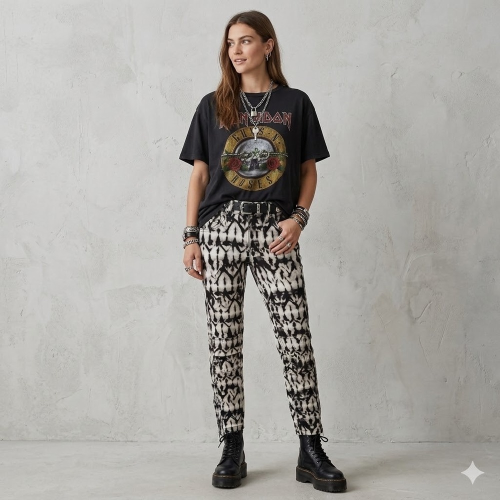 Isabel Marant H&M Moto Skinny Jeans Womens 6 Black White Abstract Ikat Print